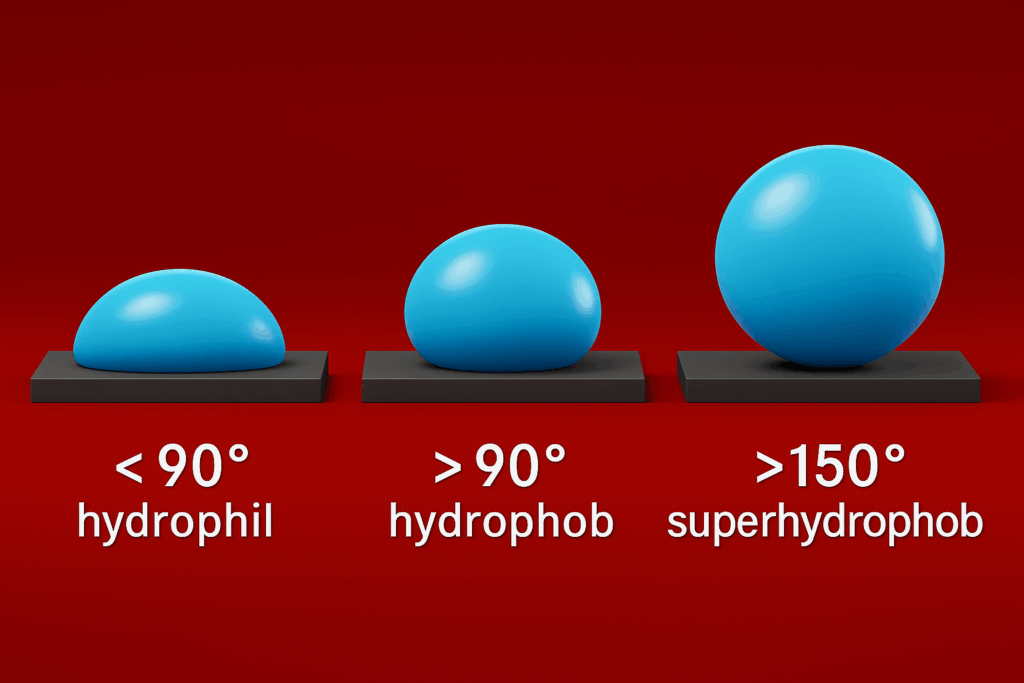 Hydrophob abbildung 3D-Grafik mit Wassertropfen zur Veranschaulichung von Kontaktwinkeln: hydrophil, hydrophob, superhydrophob.