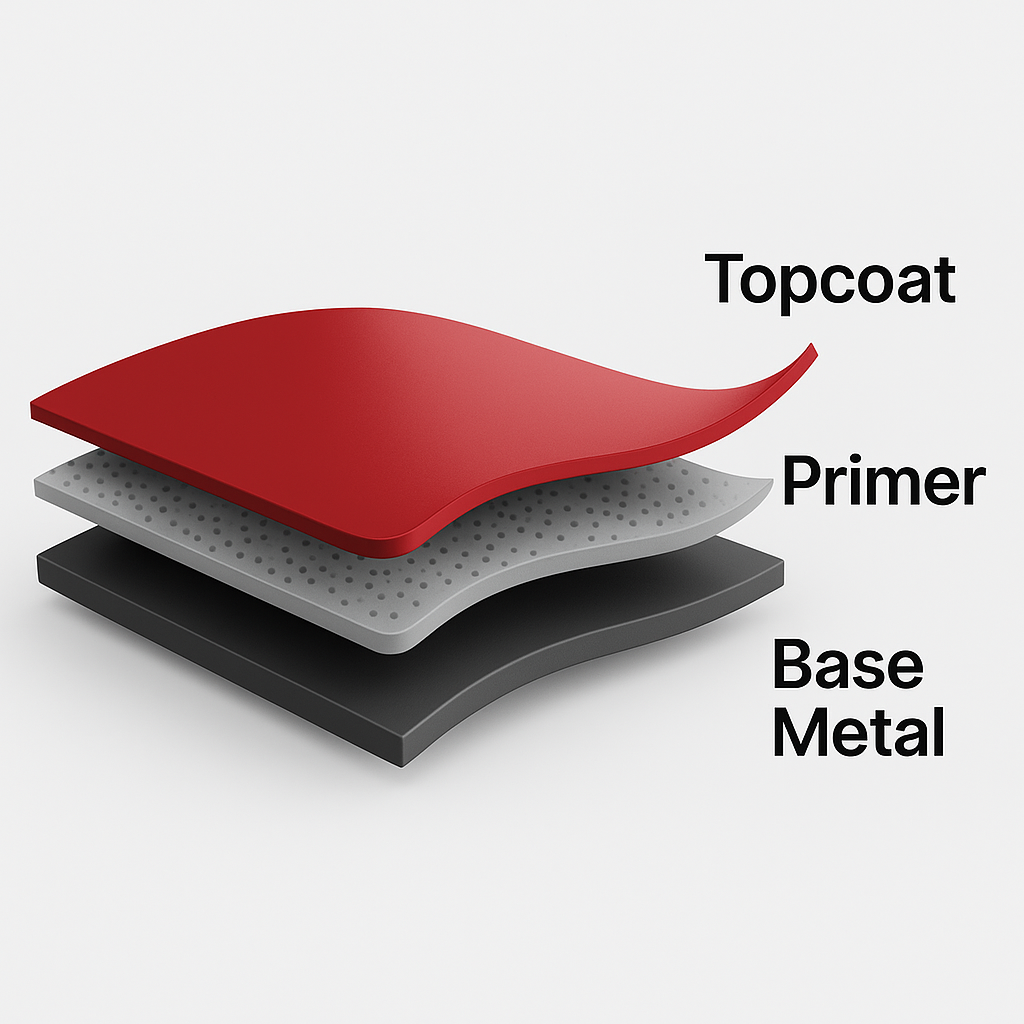 Mehrschichtaufbau Grafik zeigt den schematischen Schichtaufbau einer PTFE-Beschichtung aus Topcoat, Primer und Base Metal