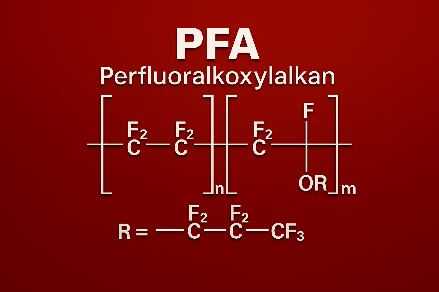 PFA Formel Strukturformel von PFA (Perfluoralkoxylalkan) mit chemischer Darstellung der Monomereinheiten und der funktionellen R-Gruppe, grafisch umgesetzt im FBS-Farbschema mit rotem Hintergrundverlauf.