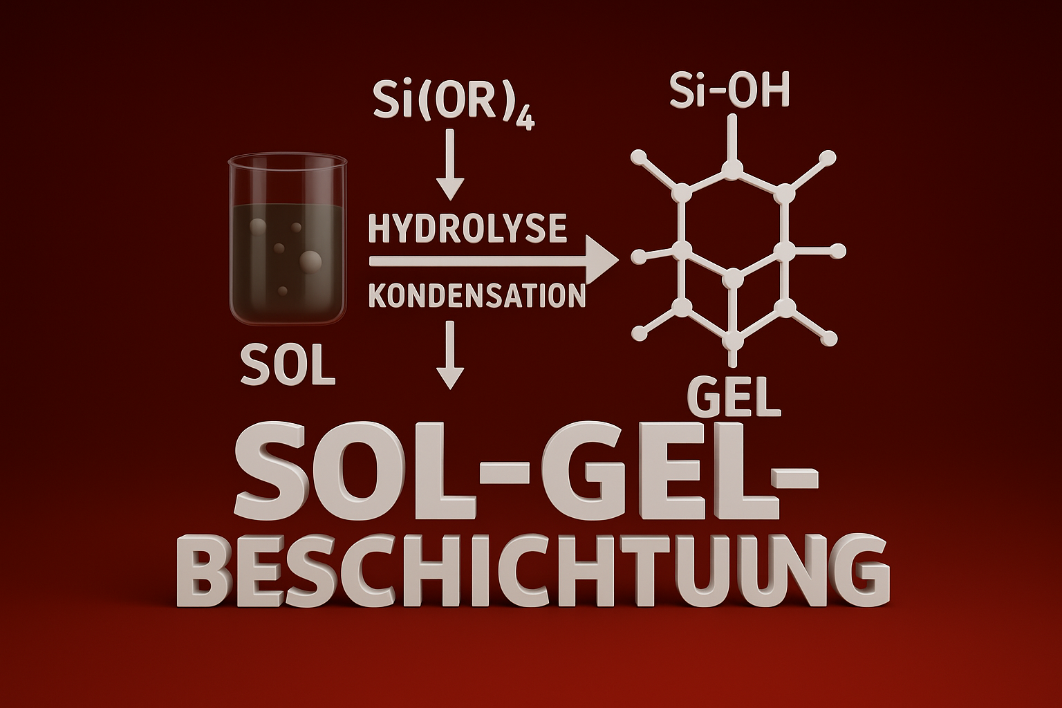 Sol gel Bild 3D-Darstellung des Sol-Gel-Verfahrens mit schematischer Darstellung von Hydrolyse und Kondensation